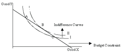 Using the equilibrium condition of the principle of rational choice, explain why only Point B on the graph below maximizes utility, and that all other points don't. (Appendix)