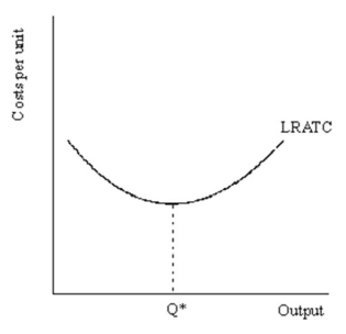 The minimum efficient level of production is the amount of output that spreads setup costs out sufficiently for a firm to undertake production profitably. In terms of our cost curve diagrams, it is the level of output where all economies of scale are exhausted. This is illustrated as output level Q* in the diagram below.