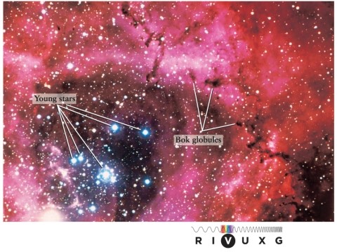 Long-exposure color photographs of the night sky often show regions that glow red, such as the Rosette Nebula in Figure 13-8 in the text. This distinctive red color is caused by the