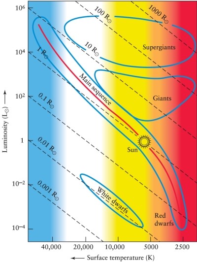 A red supergiant star is found to have a surface temperature of 2500 K and a luminosity 100,000 times that of the Sun. Use the Hertzsprung-Russell diagram in Figure 12-8 in the text to determine its approximate radius compared with that of the Sun.