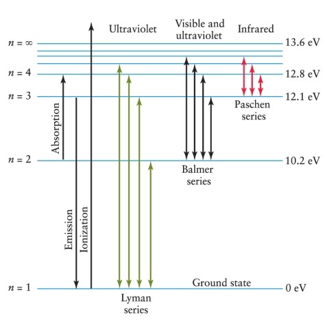 Hydrogen gas is heated to the point at which there are electrons at atomic energy levels up to the n = 3 level. When electrons return to the ground state, what possible emission lines from which spectral sequences will result? See Figure 4-11.