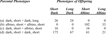 Among dogs, short hair is dominant to long hair and dark coat color is dominant to white (albino) coat color. Assume that these two coat traits are caused by independently segregating gene pairs. For each of the crosses given below, write the most probable genotype (or genotypes if more than one answer is possible) for the parents. It is important that you select a realistic symbol set and define each symbol below.   Assume that for cross (d), you were interested in determining whether fur color follows a 3:1 ratio. Set up (but do not complete the calculations) a Chi-square test for these data [fur color in cross (d)].<div style=padding-top: 35px> 