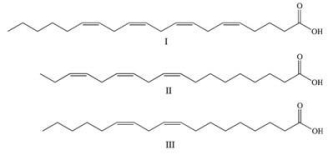 <strong>Which of the following fatty acids would be classified as an omega-6 fatty acid? </strong> A)I B)II C)III D)I and III E)II and III