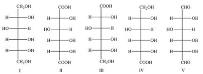 <strong>Aldaric acids are a type of monosaccharide derivative, formed when both the aldehyde group and the terminal -CH<sub>2</sub>OH group of a monosaccharide are oxidized to carboxylic acids.D-Glucaric acid is the aldaric acid derivative of D-glucose.What is the structure of D-glucaric acid? </strong> A)I B)II C)III D)IV E)V