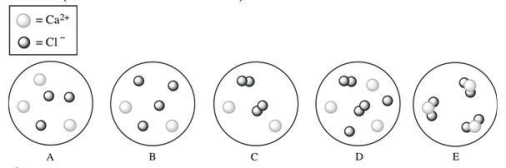 <strong>Which diagram best represents the composition of an aqueous calcium chloride (CaCl<sub>2</sub>) solution? (water molecules are not shown) </strong> A)A B)B C)C D)D E)E