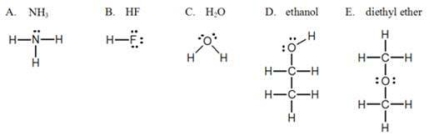 <strong>Which one of the following substances, with their structures shown, will NOT display hydrogen bonding? </strong> A)A B)B C)C D)D E)E