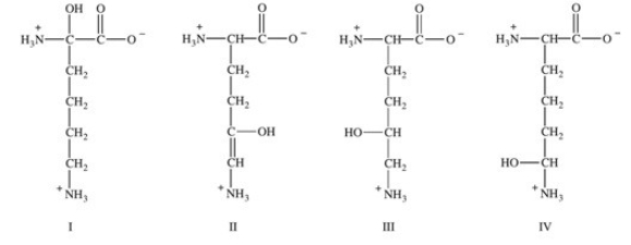 <strong>The amino acid 5-hydroxylysine is found in collagen.Which of the following represents the structure of this unusual amino acid?  </strong> A)I B)II C)III D)IV E)None of the structures represent 5-hydroxylysine. <div style=padding-top: 35px> 