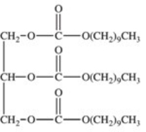 <strong>A tube of lipstick lists capric triglyceride among its ingredients.Capric triglyceride is a simple triglyceride containing capric acid,a 10-carbon saturated fatty acid.What is the structure of capric triglyceride?</strong> A) B) C) D) E)