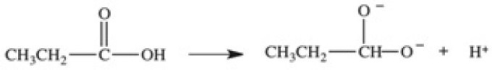 <strong>Which equation best represents the dissociation of propanoic acid in water?</strong> A) \rightleftharpoons +\mathrm{H}_{3} \mathrm{O}^{+} B) \rightleftharpoons +\mathrm{OH}^{-} C) \longrightarrow +\mathrm{H}^{+} D) E)