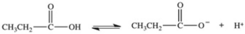 <strong>Which equation best represents the dissociation of propanoic acid in water?</strong> A) \rightleftharpoons +\mathrm{H}_{3} \mathrm{O}^{+} B) \rightleftharpoons +\mathrm{OH}^{-} C) \longrightarrow +\mathrm{H}^{+} D) E)