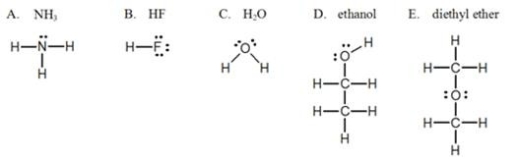 <strong>Which one of the following substances,with their structures shown,will NOT display hydrogen bonding? </strong> A)A B)B C)C D)D E)E
