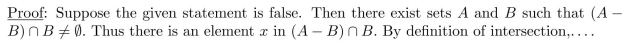 Consider the statement The proof below is the beginning of a proof using the element method for proving that the set equals the empty set. Complete the proof without using any of the set properties from Theorem 6.2.2.