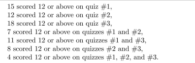 In a certain discrete math class, three quizzes were given. Out of the 30 students in the class: (a) How many scored 12 or above on at least one quiz? (b) How many scored 12 or above on quizzes 1 and 2 but not 3?