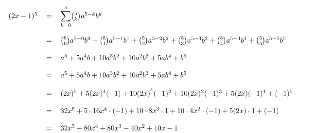 Apply the binomial theorem with a = 2x, b = −1, and n = 5.