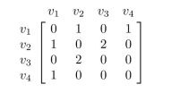 Consider the adjacency matrix for a graph that is shown below. Answer the following questions by examining the matrix and its powers only, not by drawing the graph. Show your work in a way that makes your reasoning clear.