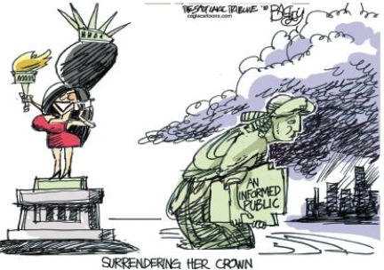 <strong>Questions 12 and 13 refer to the following cartoon. Credit: Pat Bagley/Salt Lake Tribune/Cagle Cartoons,Inc. Which of the following describes the message of the cartoon?</strong> A)The Statue of Liberty is no longer the symbol of America. B)Americans get more information from their phones than from each other.- Consider This: The cartoonist is criticizing Americans' lack of information,regardless of the source. C)People are not as interested in politics as they used to be. D)The lack of an informed public endangers America's democracy.