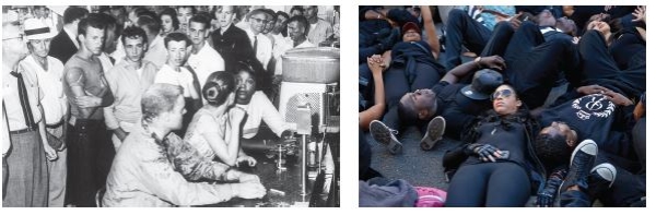 <strong>Questions 14 and 15 refer to the following images. Credits: Bettmann/Getty Images (left); Patrick T.Fallon/Reuters (right) How do these photos exemplify unconventional political participation?</strong> A)people are at campaign rallies to support their candidate B)people are attempting to persuade others to vote -Consider This: Conventional participation includes many widely accepted methods of influencing outcomes in government. C)people are peacefully assembled to demand change D)people are engaged in acts of civil disobedience