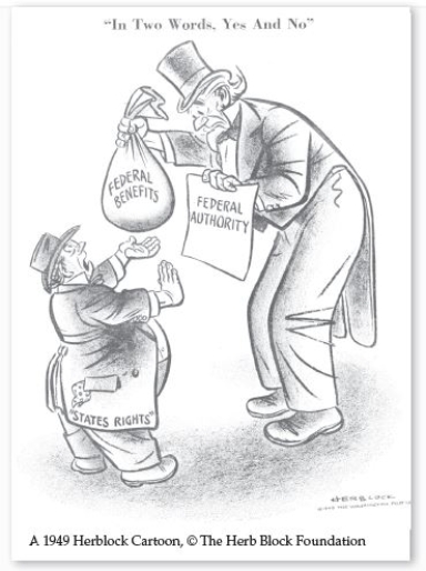 <strong>Questions 6 and 7 refer to the image. Credit: A 1949 Herblock Cartoon,©The Herb Block Foundation According to the cartoon,what do states want from the federal government?</strong> A)federal authority over state matters B)federal financial assistance C)complete separation between the two entities-Consider This: States' rights have always been a contentious issue in the U.S.,but the ties between states and the federal government prevent them from being completely separate except for extreme circumstances. D)cooperation on all governmental matters