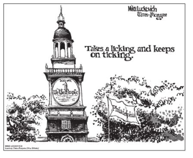 <strong>Questions 14 and 15 refer to the image. The Constitution is a short document that has survived for more than 200 years,in large part because of its adaptability to the needs of new generations. Credit: Mike Luckovich/Creators Syndicate Which of the following provides for the Constitution's flexibility?</strong> A)Article I-Consider This: Article I outlines Congressional powers,including the necessary and proper clause that allows the government to change over time. B)Article III C)Article V D)Article VI