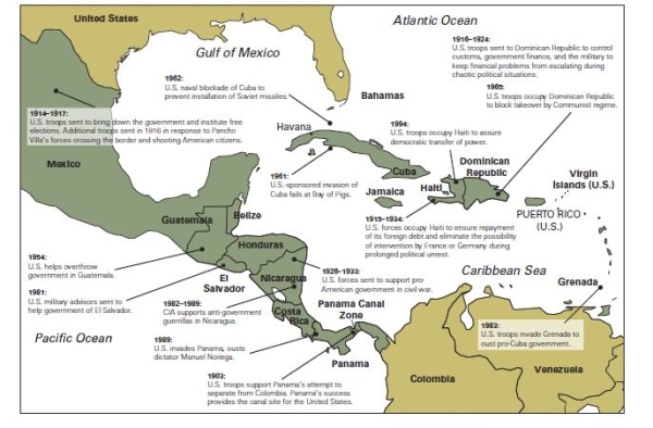<strong>Questions 3 and 4 refer to the following map. U.S.Military interventions in Central America and the Caribbean since 1900 Which of the following most contributed to the events described on the map?</strong> A)the Truman Doctrine -Consider This: The Truman Doctrine specifically referred to U.S.aid to Greece and Turkey. B)the Marshall Plan C)the Monroe Doctrine D)isolationism