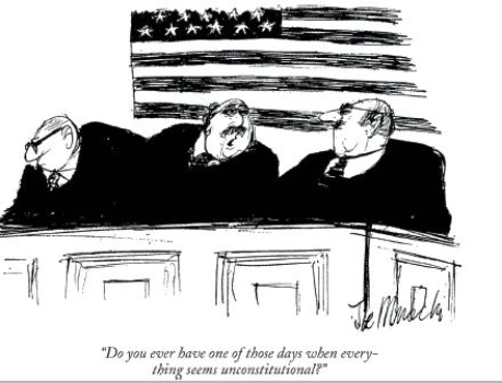 <strong>  Credit: Joseph Mirachi/The New Yorker Collection/The Cartoon Bank  -Which of the following limits the power to which the cartoonist alludes?</strong> A)judicial review B)judicial activism -Consider This: Judicial activism is a means for judges to advance policy from the bench.The principle in question encourages deference to previous cases,making the current judge's role appear less consequential. C)stare decisis D)life tenure <div style=padding-top: 35px> 