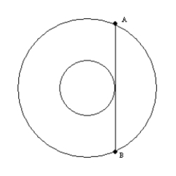 -For the concentric circles shown, is tangent to the inner circle and a chord of the outer circle. If the radius of the inside circle is 5 and of the outer circle is 13, find AB.