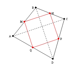In quadrilateral ABCD, the midpoints of the sides are joined in order. Use the auxiliary diagonals to explain why the resulting quadrilateral MNPQ must be a parallelogram.