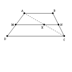   Use the drawing shown to explain the following theorem. The length of the median of a trapezoid equals one-half the sum of the lengths of the two bases. Given: Trapezoid ABCD with median   Prove:   [Hint: X is the midpoint of auxiliary diagonal   .]<div style=padding-top: 35px> 