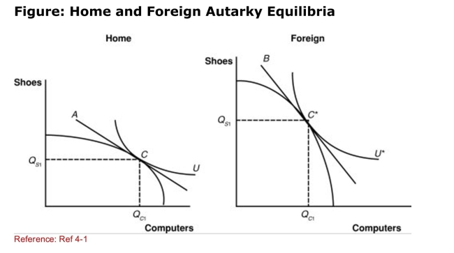 <strong> (Figure: Home and Foreign Autarky Equilibria) Which line in The graph represents the Home relative price of computers in Terms of shoes?</strong> A)A B)B C)C D)U