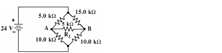 <strong> Figure 8-4 Given the circuit in Figure 8-4, Thevenize the bridge circuit between points A and B. Find the current flow through the load RL).</strong> A) 0.69 mA B) 1.92 mA C) 3.2 mA D) 0.45 mA