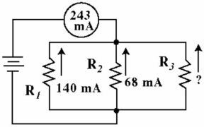 <strong> Figure 7-8 Given the circuit in Figure 7-8, what current would flow if R2 were open?</strong> A) 175 mA B) 68 mA C) 208 mA D) 140 mA