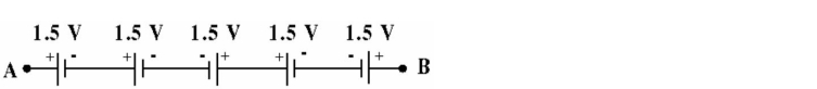 <strong> Figure 5-10 Figure 5-10 shows 5 D-size batteries connected in a series circuit. What is the total voltage measured between points A and B?</strong> A) 4.5 V B) 3.0 V C) 7.5 V D) 1.5 V