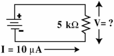<strong> Figure 3-6 Given the circuit in Figure 3-6, What is the voltage across the resistor?</strong> A) 50 mV B) 50 V C) 2.0 mV D) 2.0 V