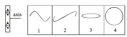 <strong> The left part of the figure shows a dipole oscillating in a sinusoidal function. Which of the curves best represents the electric field along the axis of the dipole?</strong> A) 1 - sinusoidal wave in the plane of the dipole B) 2 - sinusoidal wave perpendicular to the plane of the dipole C) 3 - circular wave perpendicular to the plane of the dipole D) 4 - circular wave in the plane of the dipole E) None of these is correct.