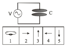 <strong> An AC voltage is applied across a capacitor. Which figure best represents the magnetic field between the capacitor?</strong> A) 1 B) 2 C) 3 D) 4 E) 5
