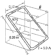 <strong> A rectangular loop of wire 0.10 m by 0.20 m) carries a current of 5.0 A in a counterclockwise direction. The loop is oriented, as shown, in a uniform magnetic field of 1.5 T. The magnetic flux of B is</strong> A) 0.026 T · m<sup>2</sup>. B) 1.3 T · m<sup>2</sup>.<sup> </sup> C) 0.015 T · m<sup>2</sup>.<sup> </sup> D) 0.030 T · m<sup>2</sup>.<sup> </sup> E) 1.5 T · m<sup>2</sup>.