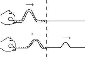 <strong> From the figure above, you can conclude that</strong> A) the medium to the left of the boundary is denser than the medium to the right. B) the medium to the right of the boundary is denser than the medium to the left. C) the pulse is initially traveling from right to left. D) the wave has lost energy as a result. E) None of these is correct.