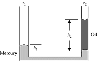<strong> The left-hand side of an open U-tube has a radius r<sub>1</sub> = 0.82 cm, and the right-hand side has a radius r<sub>2</sub> = 0.41 cm. Mercury and oil are poured into the U-tube. The density of mercury is 13.6 g/cm<sup>3</sup>. The heights shown in the diagram are h<sub>1</sub> = 3.50 cm and h<sub>2</sub> = 57.3 cm. The density of the oil is approximately</strong> A) 0.83 g/cm<sup>3</sup>.<sup> </sup> B) 110 g/cm<sup>3</sup>.<sup> </sup> C) 7.9 g/cm<sup>3</sup>.<sup> </sup> D) 6.9 g/cm<sup>3</sup>.<sup> </sup> E) 1.82 g/cm<sup>3</sup>.