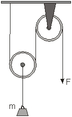 <strong> A light rope runs through two frictionless pulleys of negligible mass. A mass, m, is hung from one of the pulleys and a force, F, is applied to one end of the rope so that the mass moves at a constant speed. What is the force needed to move the mass at a constant speed?</strong> A) 0 B) mg C) Mg D) 2mg E) 4mg