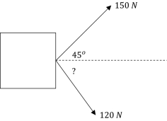 <strong> Two parents moving into a new house attempt to pull a large crate down a large hallway. One parent applies a force of magnitude 150 N directed 45 degrees to the direction of motion, while the other parent applies a force of 120 N on the other side of the direction of motion. If they move the crate 15 m and perform work at 2.6 kJ, at what angle to the direction of motion did the second parent pull on the crate?</strong> A) 54 degrees B) 30 degrees C) 60 degrees D) 34 degrees E) 56 degrees