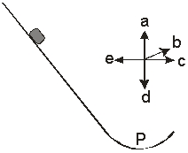<strong>A block slides down a frictionless incline. The path at the bottom of the incline is an arc of a circle. Using the compass rose, the direction of the net force on the block at the bottom of the arc point P) is along </strong> A) a. B) b. C) c. D) d. E) e.
