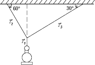 A lamp with a mass m = 42.6 kg is hanging from wires as shown. The magnitude of tension   in the vertical wire is  