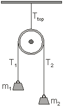   A frictionless pulley of negligible mass is hung from the ceiling using a rope, also of negligible mass. Two masses, m<sub>1</sub> and m<sub>2</sub> m<sub>1</sub> < m<sub>2</sub>) are connected to the rope over the pulley. The masses are free to drop. The magnitude of the tension T<sub>top</sub> is ____ the sum of the tensions T<sub>1</sub> and T<sub>2</sub>.