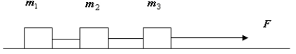   Three blocks are connected by massless cords and rest on a frictionless horizontal surface. The blocks are pulled to the right. Mass m<sub>1</sub> = 2m<sub>2</sub> = 3m<sub>3</sub>, with m<sub>1</sub> on the left and m<sub>3</sub> on the right. If the pulling force is equal to 90 N, then the tension in the cord between m<sub>1</sub> and m<sub>2</sub> is