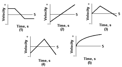 <strong>In which graph is the particle the farthest from the origin at t = 5 s? </strong> A) 1) B) 2) C) 3) D) 4) E) 5)