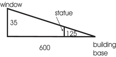 <strong>Your office window is 35 feet high.Looking out your window, you find that the top of a statue lines up exactly with the bottom of a building that is 600 horizontal feet from your office, as is shown in the figure below.The statue is 125 horizontal feet from the building.How tall is the statue? </strong> A) 6.48 feet B) 9.71 feet C) 7.29 feet D) 10 feet