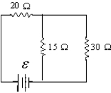 <strong>If \varepsilon = 9.0 V, what is the current in the 30- \Omega resistor? </strong> A) 0.30 A B) 0.26 A C) 0.10 A D) 0.20 A