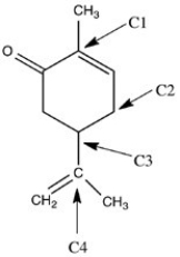 <strong>Carvone,shown below,is a chiral compound that exists as a pair of enantiomers. One enantiomer has the odor of caraway,and the other enantiomer has the odor of spearmint. Identify the chirality center(s)in carvone. </strong> A)C1 B)C2 C)C3 D)C4 E)C1 and C3