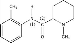 What is the shape around the N (1)atom and around the C (2)atom in the structure of mepivacaine given below?