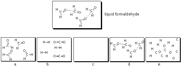 <strong>Formaldehyde, a common preservative, is shown in the illustration below. If liquid formaldehyde is boiled, which of the following choices best depicts how formaldehyde looks in the resulting vapor? </strong> A)a B)b C)c D)d E)e